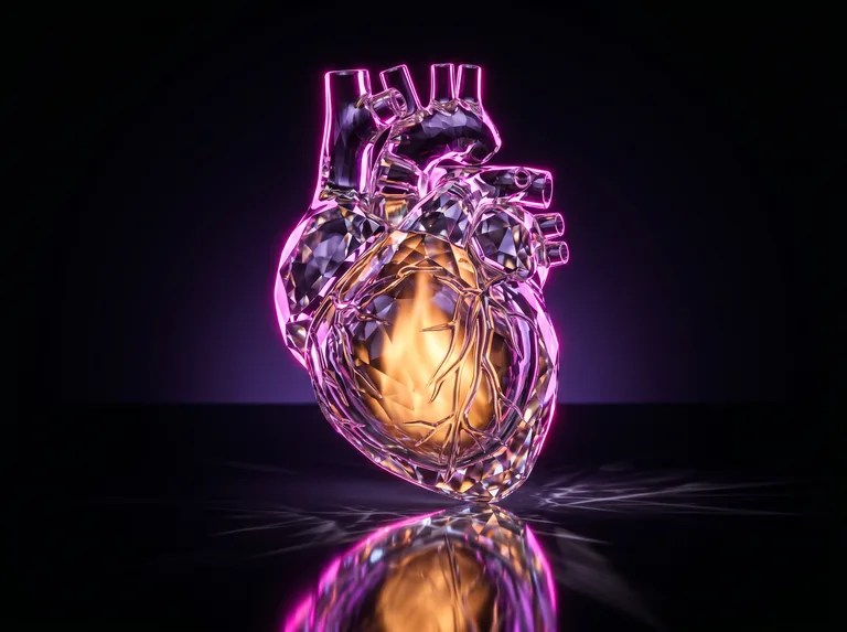 Corazón de cristal con fuego dorado dentro: la transformación, encarnada