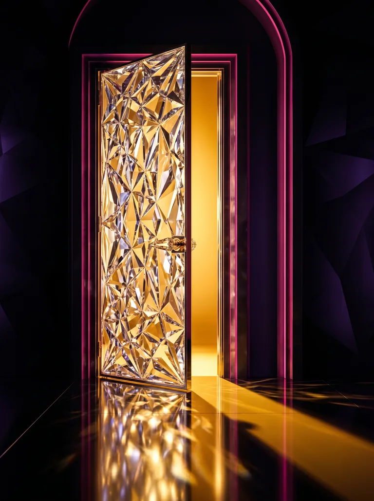 Puerta de cristal entreabierta con luz dorada saliendo por el hueco